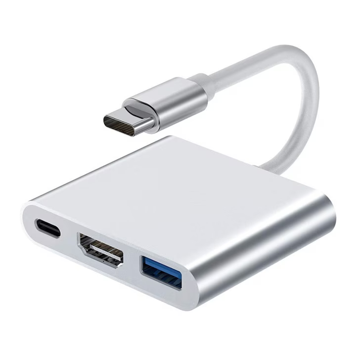 Adaptor 3 în 1, USB-C la USB, HDMI, USB-C, Argintiu, YULMI®
