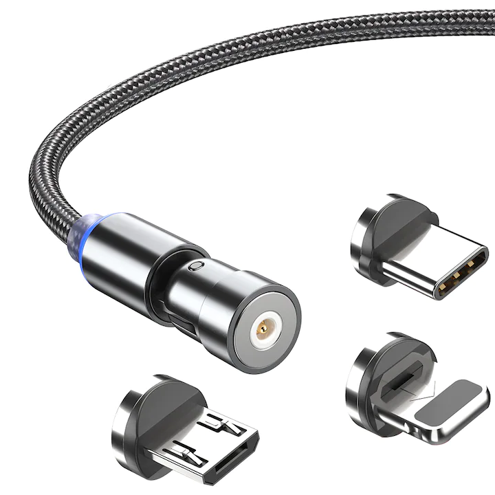 Cablu magnetic de încărcare rapidă USB 3.0 tip C, telefon 3 în 1, cu rotire 540 grade, Lightning / Type-C / Micro USB, Negru, YULMI®