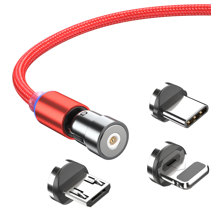 Cablu magnetic de încărcare rapidă USB 3.0 tip C, telefon 3 în 1, cu rotire 540 grade, Lightning / Type-C / Micro USB, Roșu, YULMI®