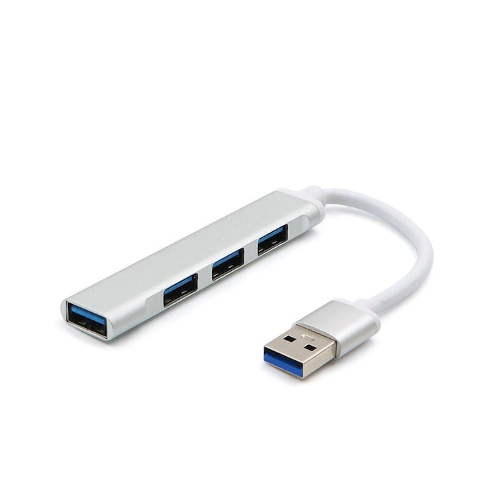 Hub USB cu 4 porturi USB, Plug & Play, 3 x USB 2.0, 1 x USB 3.0, Argintiu, YULMI®