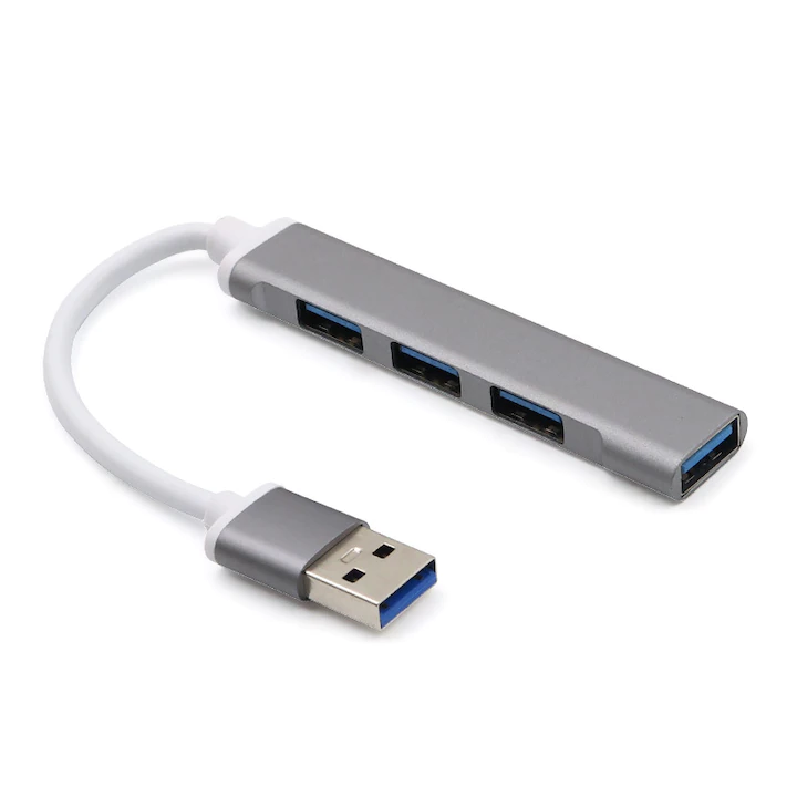 Hub USB cu 4 porturi USB, Plug & Play, 3 x USB 2.0, 1 x USB 3.0, Gri, YULMI®
